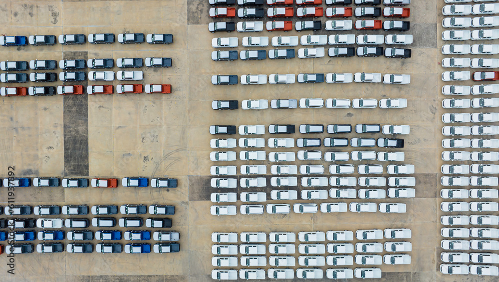 Aerial view new cars parking for sale stock lot row, New cars dealer inventory import export business commercial global, Business automobile and automotive industry