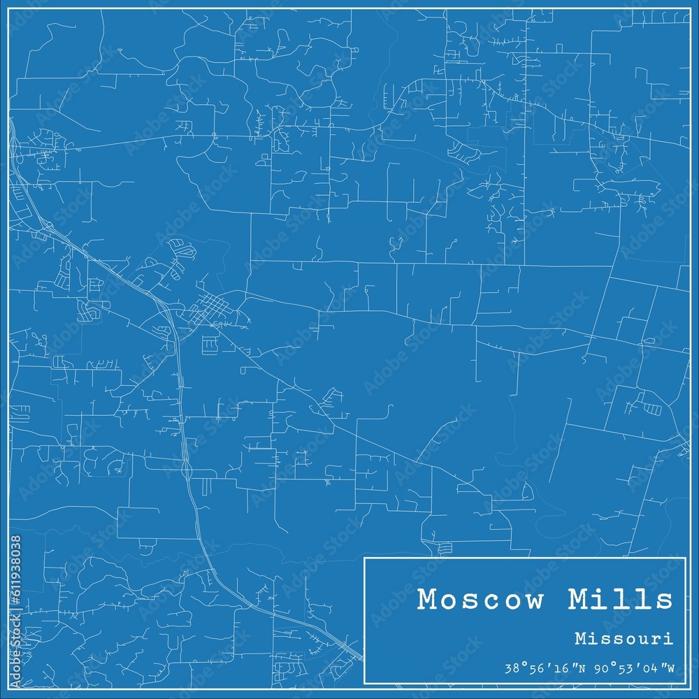 Blueprint US city map of Moscow Mills, Missouri.