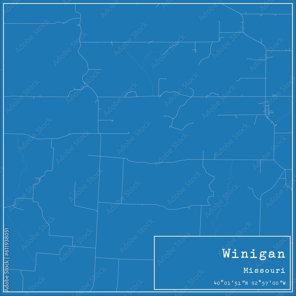 Blueprint US city map of Winigan, Missouri.