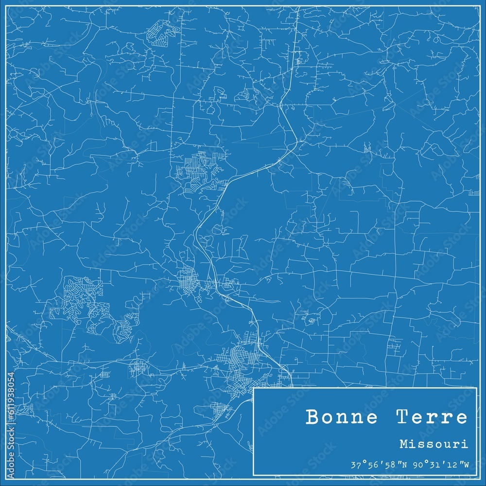 Blueprint US city map of Bonne Terre, Missouri.