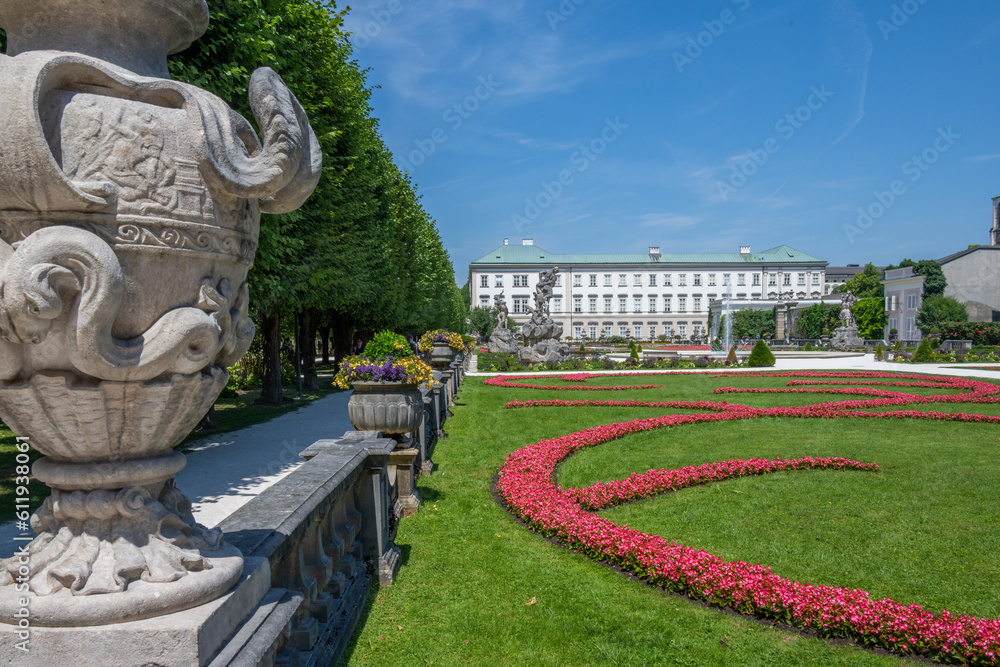 The Mirabel Garten in the City of Salzburg, Austria, with the Castle Mirabel.