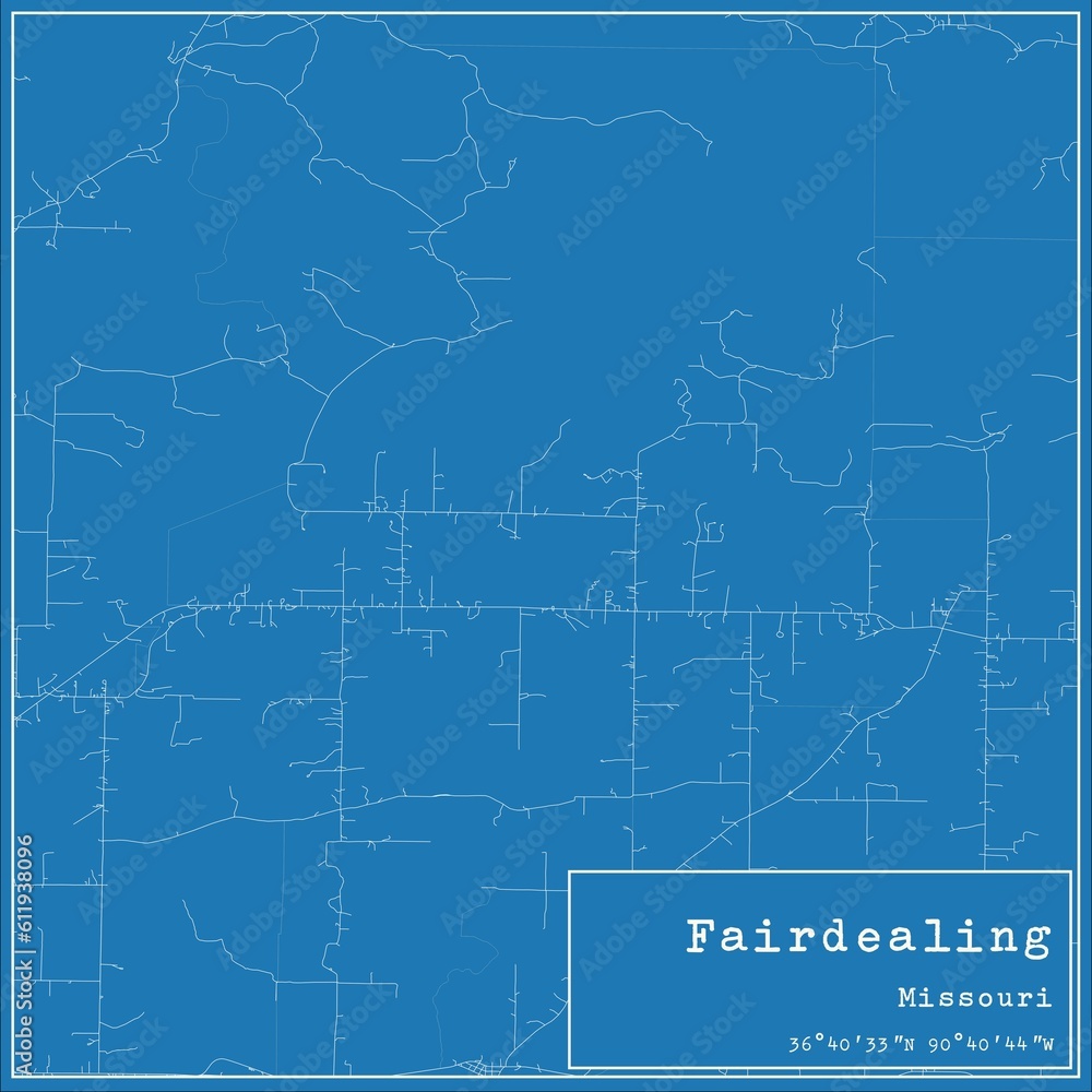 Blueprint US city map of Fairdealing, Missouri.