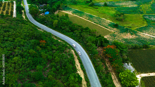 Aerial view of road going through a forest, Road through the green forest, Aerial top view car in the forest
