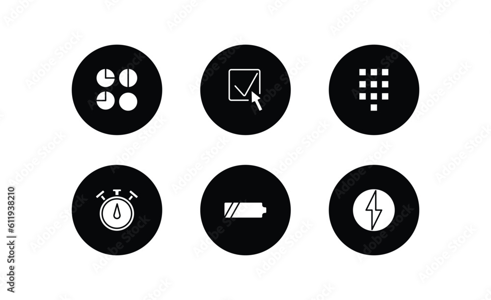 user interface filled icons set. user interface filled icons pack included round loading progress, check box with cursor, telephone keypad, stopwatches, battery medium charge, lightning flash user interface filled icons set. user interface filled icons pack included round loading progress, check box with cursor, telephone keypad, stopwatches, battery medium charge, lightning flash
