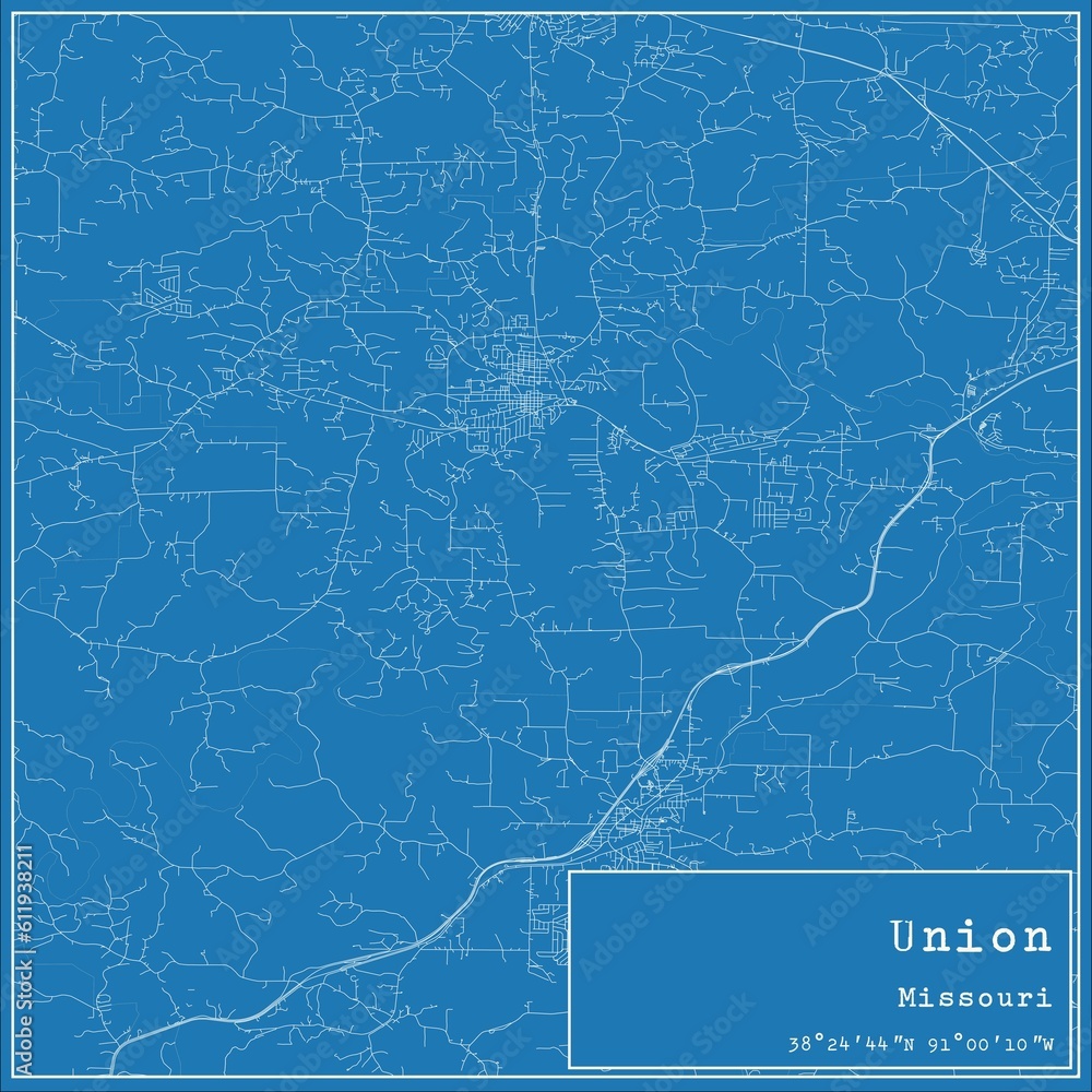 Blueprint US city map of Union, Missouri.