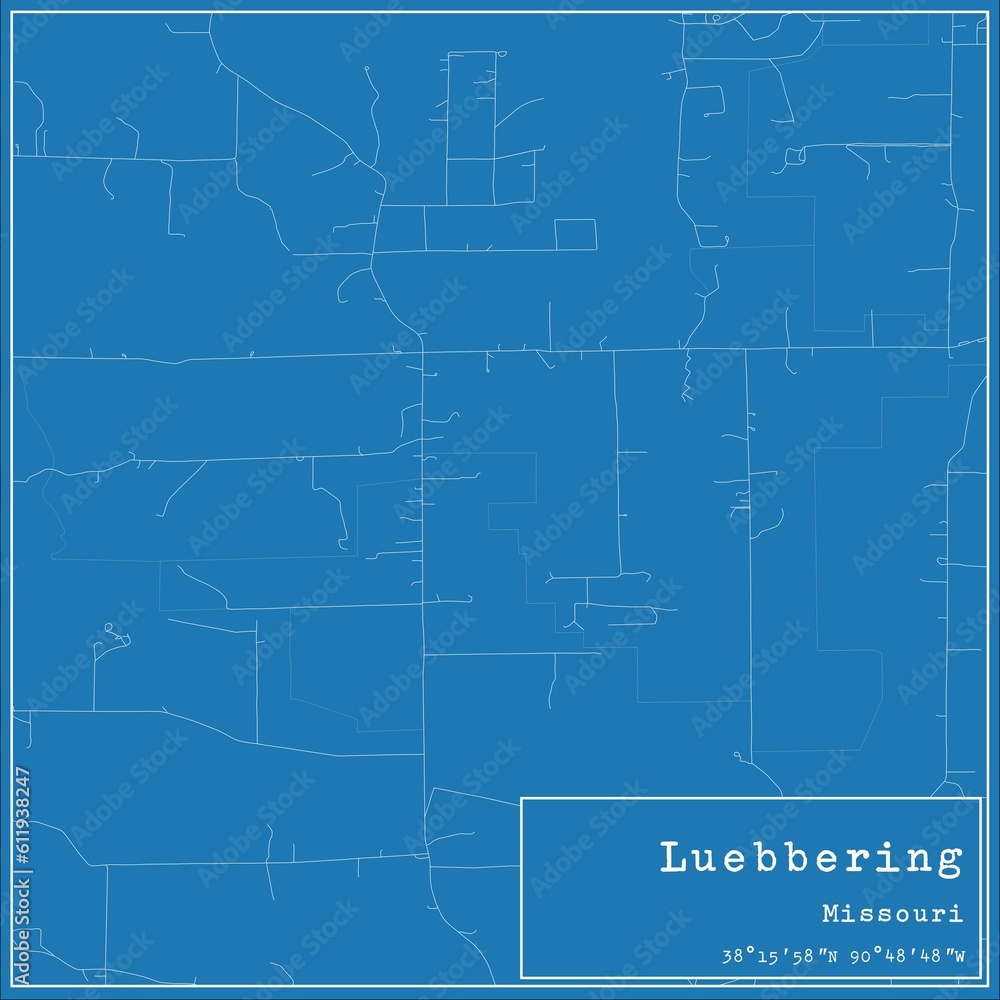 Blueprint US city map of Luebbering, Missouri.