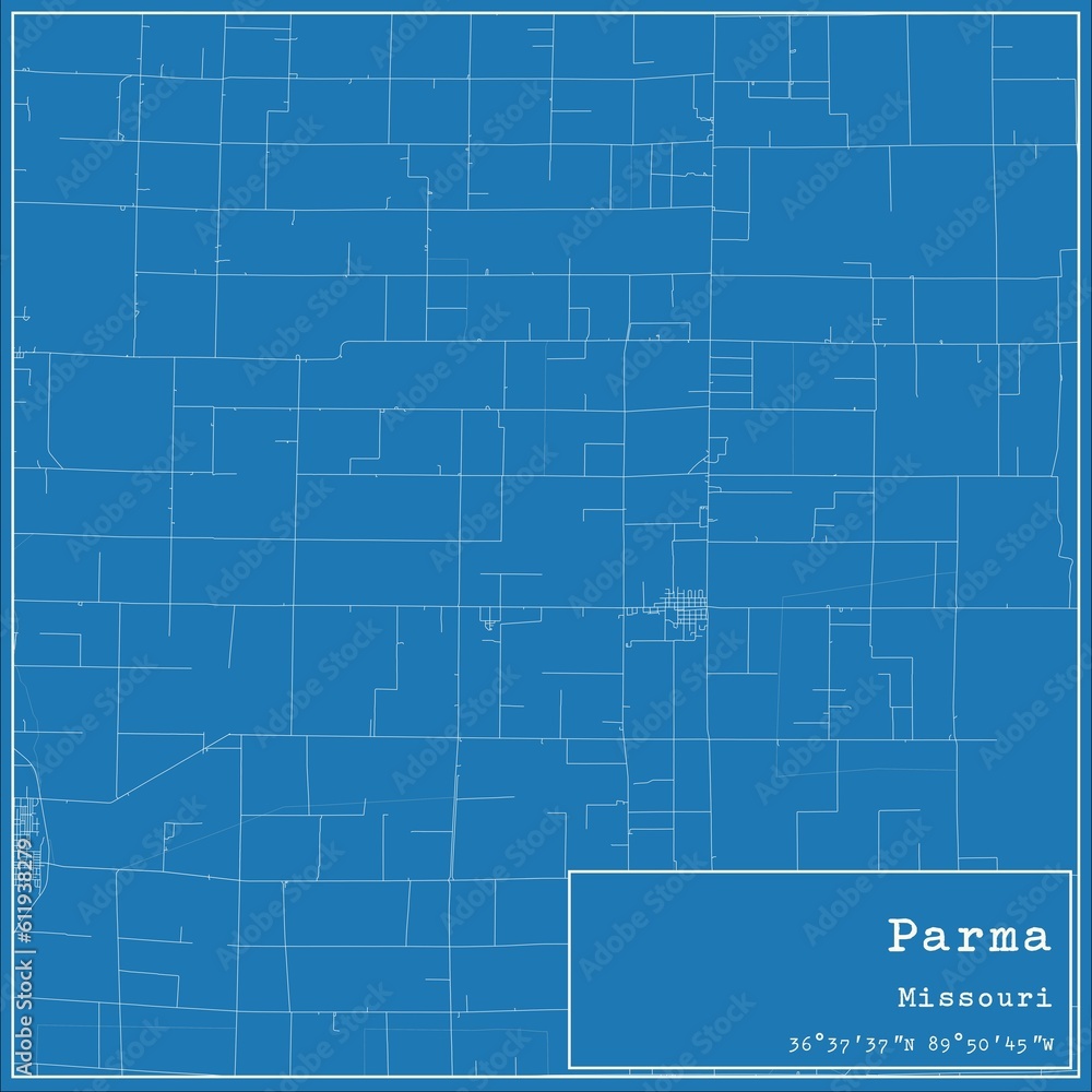Blueprint US city map of Parma, Missouri.