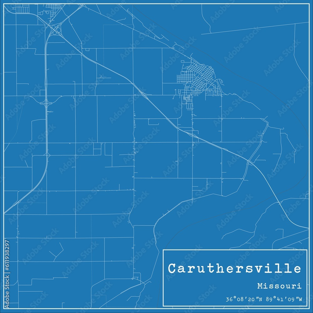 Blueprint US city map of Caruthersville, Missouri.