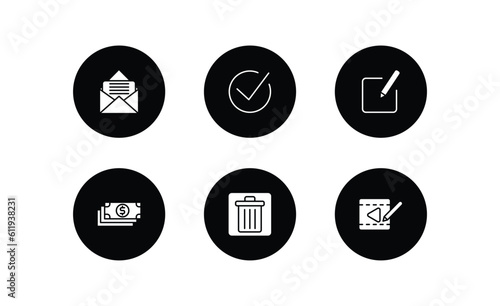 user interface filled icons set. user interface filled icons pack included letter envelope, tick box, edit button, dollar bills stack, delete bin, video edition vector.