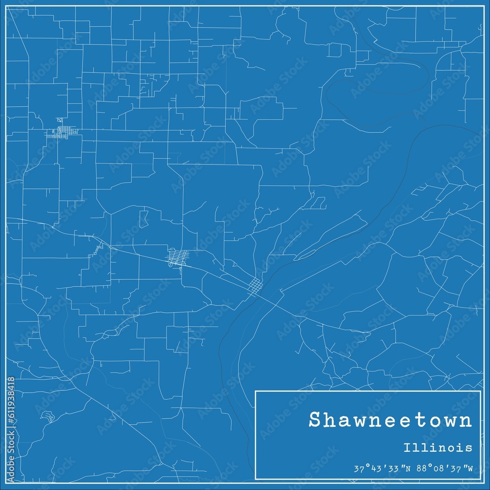 Blueprint US city map of Shawneetown, Illinois.