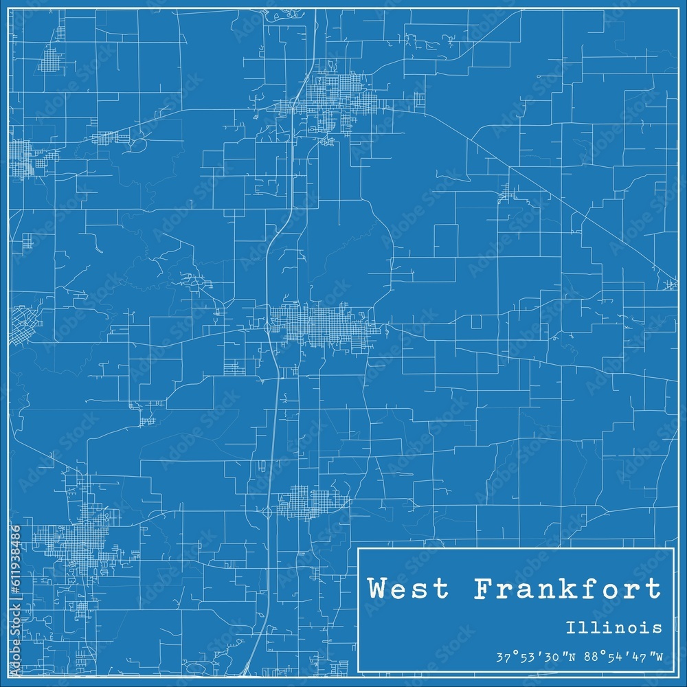 Blueprint US city map of West Frankfort, Illinois.
