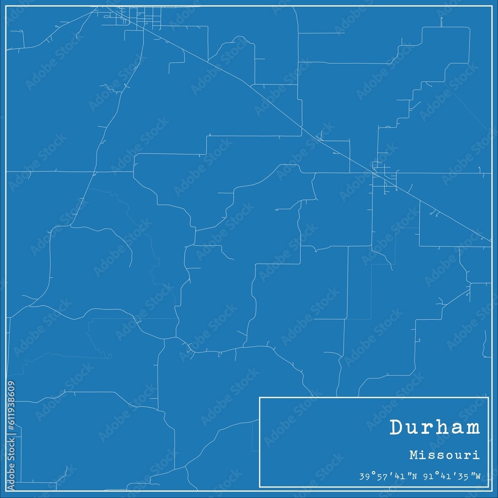 Blueprint US city map of Durham, Missouri.