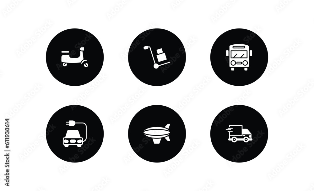 transport filled icons set. transport filled icons pack included scooter bike, carrier, bus, electric car, blimp, shipping and delivery vector.
