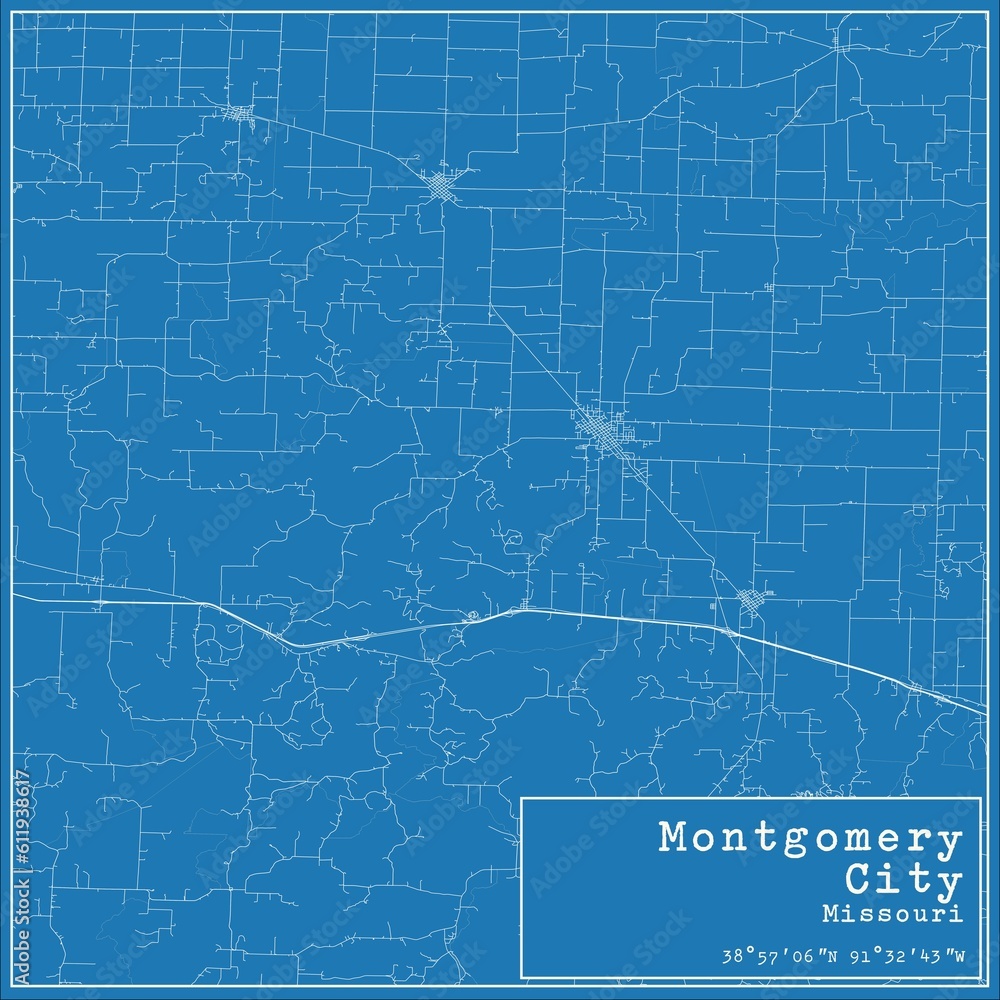 Blueprint US city map of Montgomery City, Missouri.