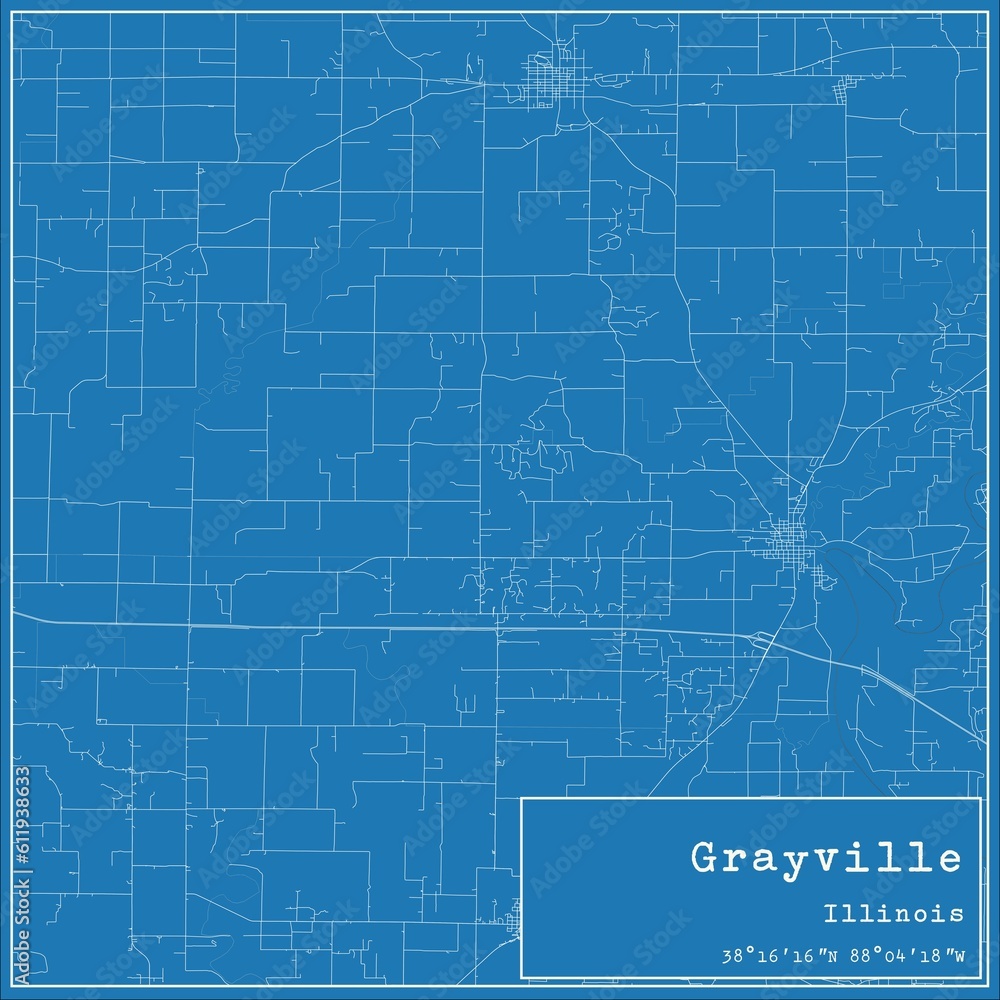 Blueprint US city map of Grayville, Illinois.