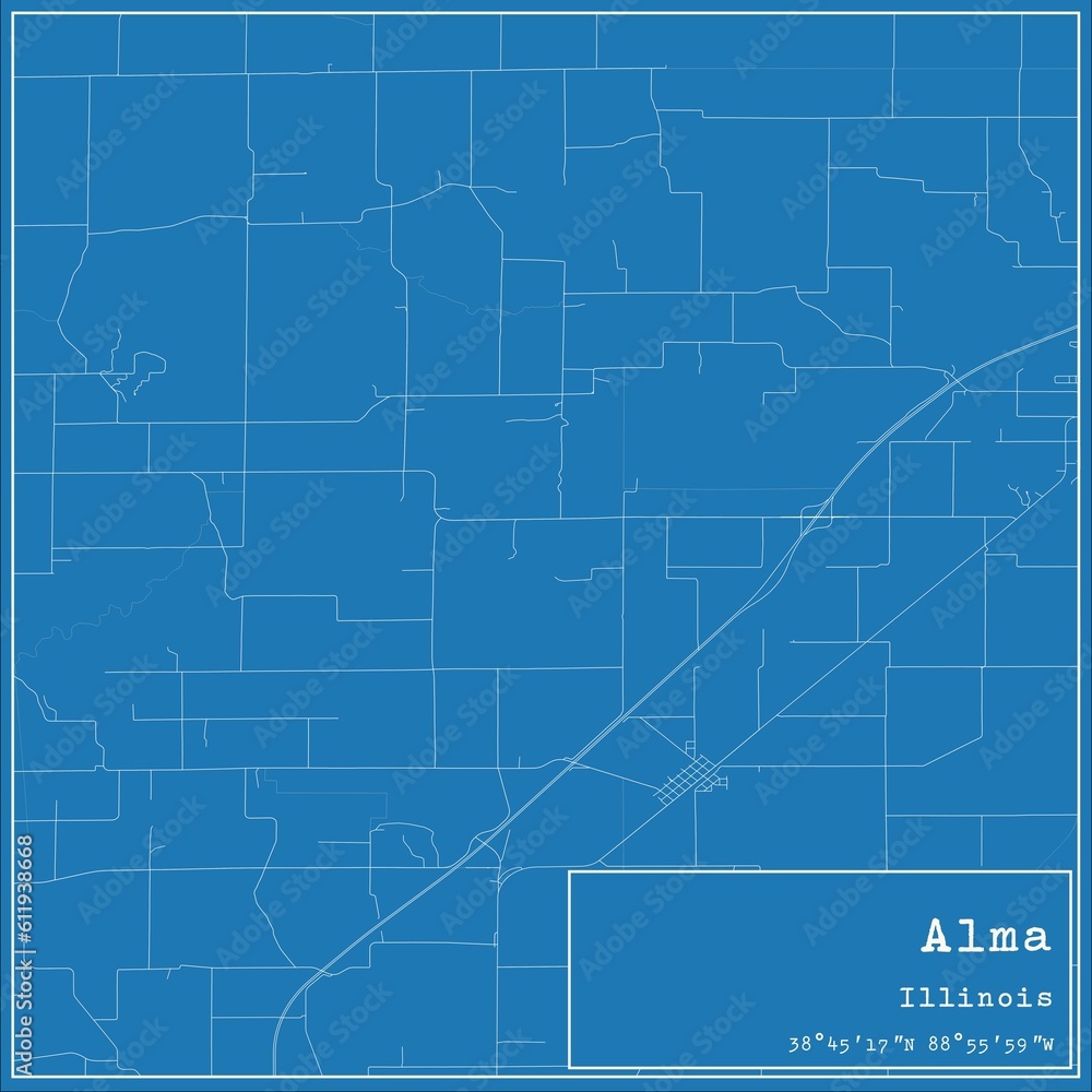 Blueprint US city map of Alma, Illinois.