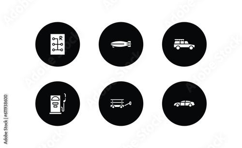 transportation filled icons set. transportation filled icons pack included gear box, dirigible, off road, fuel dispenser, wagon, automobile vector.