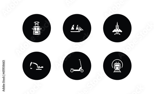 transportation filled icons set. transportation filled icons pack included tram front view, schooner, army airplane, excavators, kick scooter,   vector.