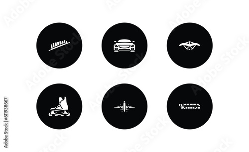 transportation filled icons set. transportation filled icons pack included funicular railway, car frontal view, hang glider, inline skates, airliner, modern bus vector.