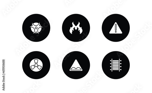 traffic signs filled icons set. traffic signs filled icons pack included biological hazard, fire, danger, nuclear, humps, railway vector.