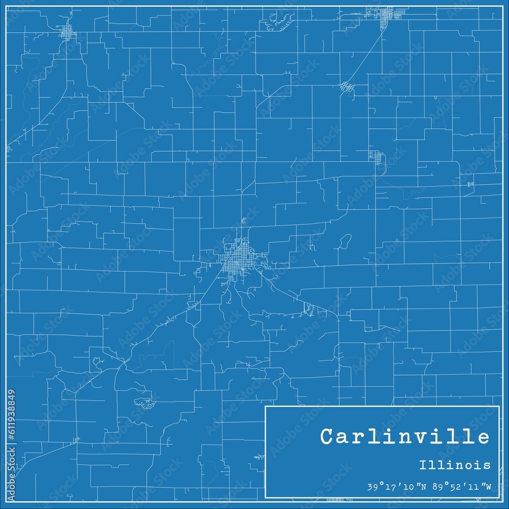 Blueprint US city map of Carlinville, Illinois.