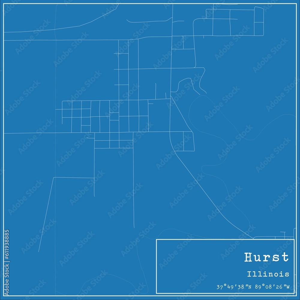 Blueprint US city map of Hurst, Illinois.