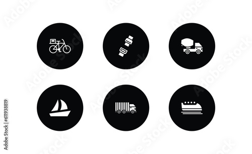 transport filled icons set. transport filled icons pack included delivery bike, seatbelt, cement truck, sailing boat, trucking, bobsleigh vector.