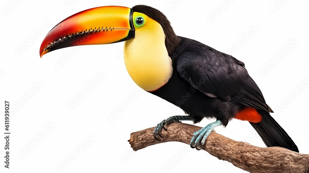 Naklejka premium Toucan sitting on a branch on a white background. Generative AI