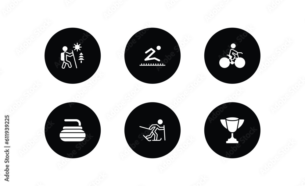sport filled icons set. sport filled icons pack included adventure, long jump, man riding bike, curling, skier skiing, trophy vector.