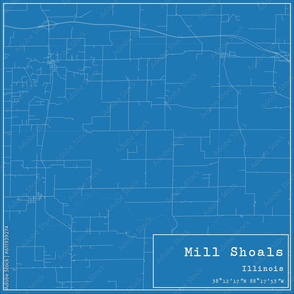 Blueprint US city map of Mill Shoals, Illinois.