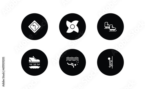 sports filled icons set. sports filled icons pack included left bend, ninja shuriken, ice skates, flying shoes, scuba diving, climber vector.
