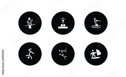 sports filled icons set. sports filled icons pack included man balancing, number one athlete, wakeboarding, breakdancing dancer, two judo fighters, man windsurfing vector.