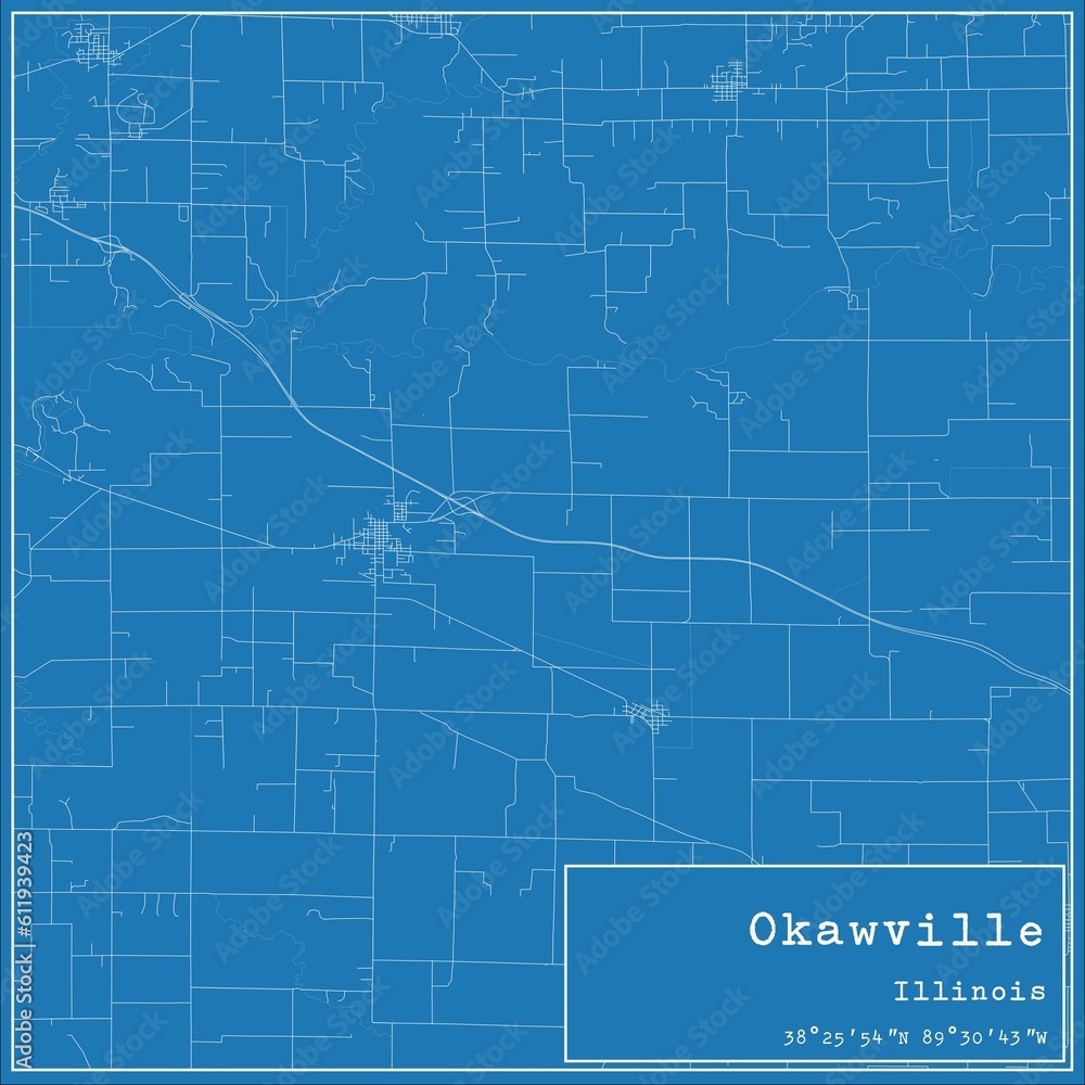 Blueprint US city map of Okawville, Illinois.