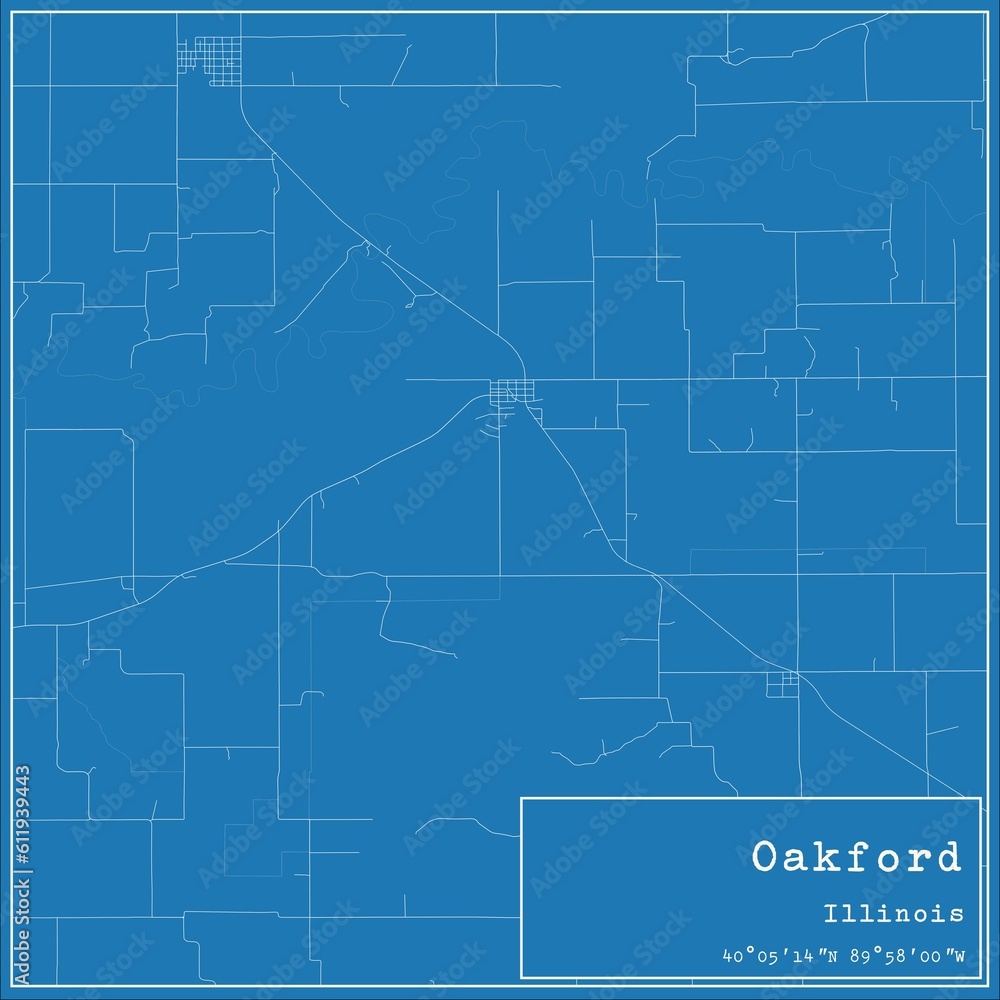 Blueprint US city map of Oakford, Illinois.