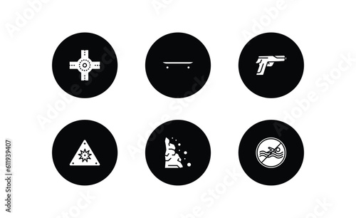 signs filled icons set. signs filled icons pack included junction, skateboard, guns, uv ray warning, landslide, no swimming vector.