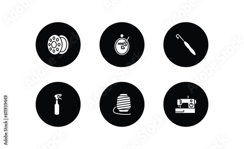 sew filled icons set. sew filled icons pack included bobbin, embroidery, crochet hook, water spray, spool, new sewing hine vector.