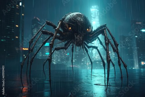 Cyberpunk terrifying monster spider standing in a rainy night background in a digital illustration. Robot spider in the shape of a futuristic post apocalyptic world. Creepy alien creature from science