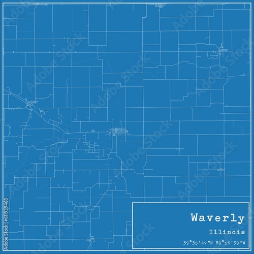 Blueprint US city map of Waverly, Illinois.