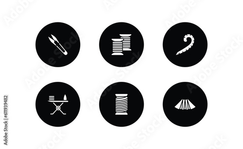 sew filled icons set. sew filled icons pack included cutter, coil, french curve, ironing board, thread, pleat vector.