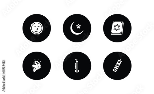 religion filled icons set. religion filled icons pack included induence, crescent moon and star, torah book, lion of judah, sitar, mezuzah vector. photo