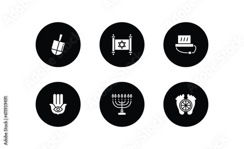 religion filled icons set. religion filled icons pack included dreidel, judaism, tefilin, hamsa hand, jewish candles, feet vector.