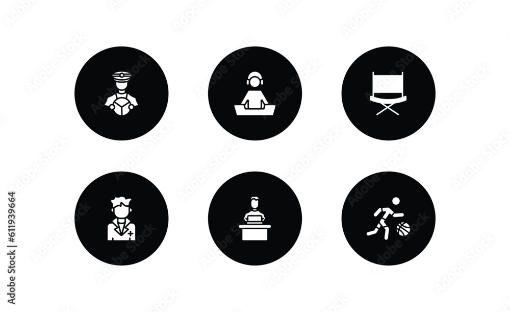 professions filled icons set. professions filled icons pack included driver, dj, director, doctor, software developer, basketball player vector.
