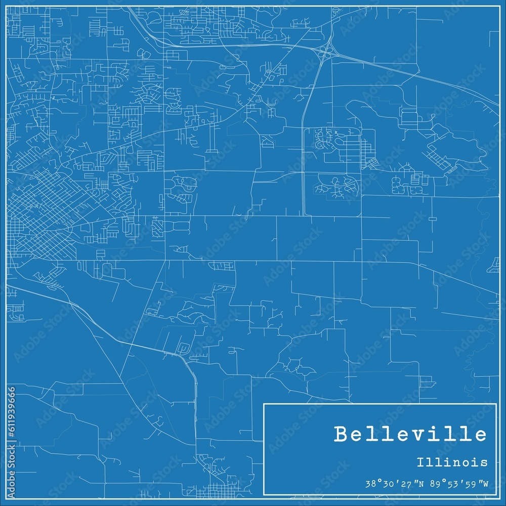 Blueprint US city map of Belleville, Illinois.