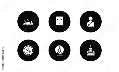 religion filled icons set. religion filled icons pack included abrahamic, gospel, buddhist monk, asceticism, buddha, islamic minbar vector.