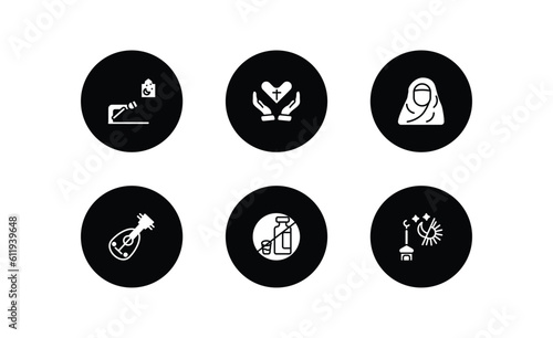 religion filled icons set. religion filled icons pack included ruku posture, faith, hijab, oud, forbidden foods, maghrib prayer vector.