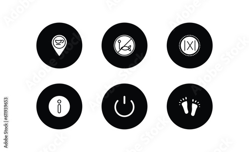 signs filled icons set. signs filled icons pack included coffee shop, no fishing, absolute, info, power button, barefoot vector.