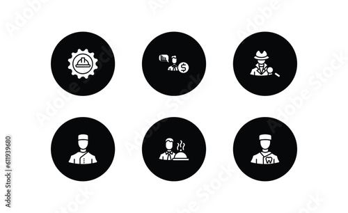 professions filled icons set. professions filled icons pack included mechanical engineer, financial advisor, detective, concierge, waiter, orthodontist vector.