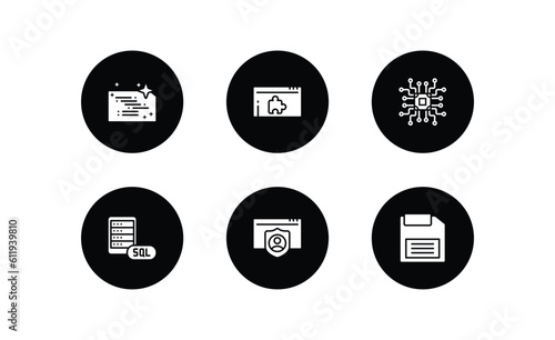 seo filled icons set. seo filled icons pack included clean code, plugin, microchip, mysql, authorize, floppy disk vector.