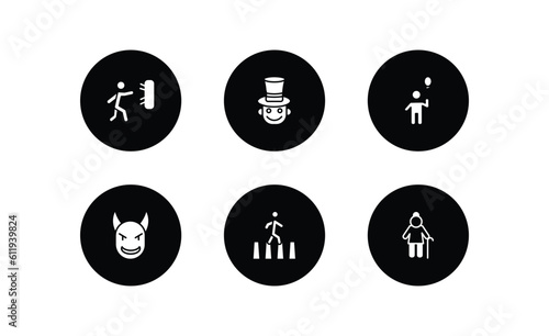 people filled icons set. people filled icons pack included man throwing a dart, magician boy, boy with balloon, devil head with horns, crossing road, old lady walking vector.