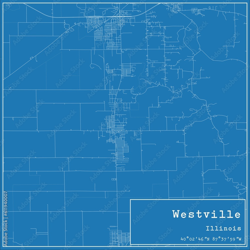 Blueprint US city map of Westville, Illinois.